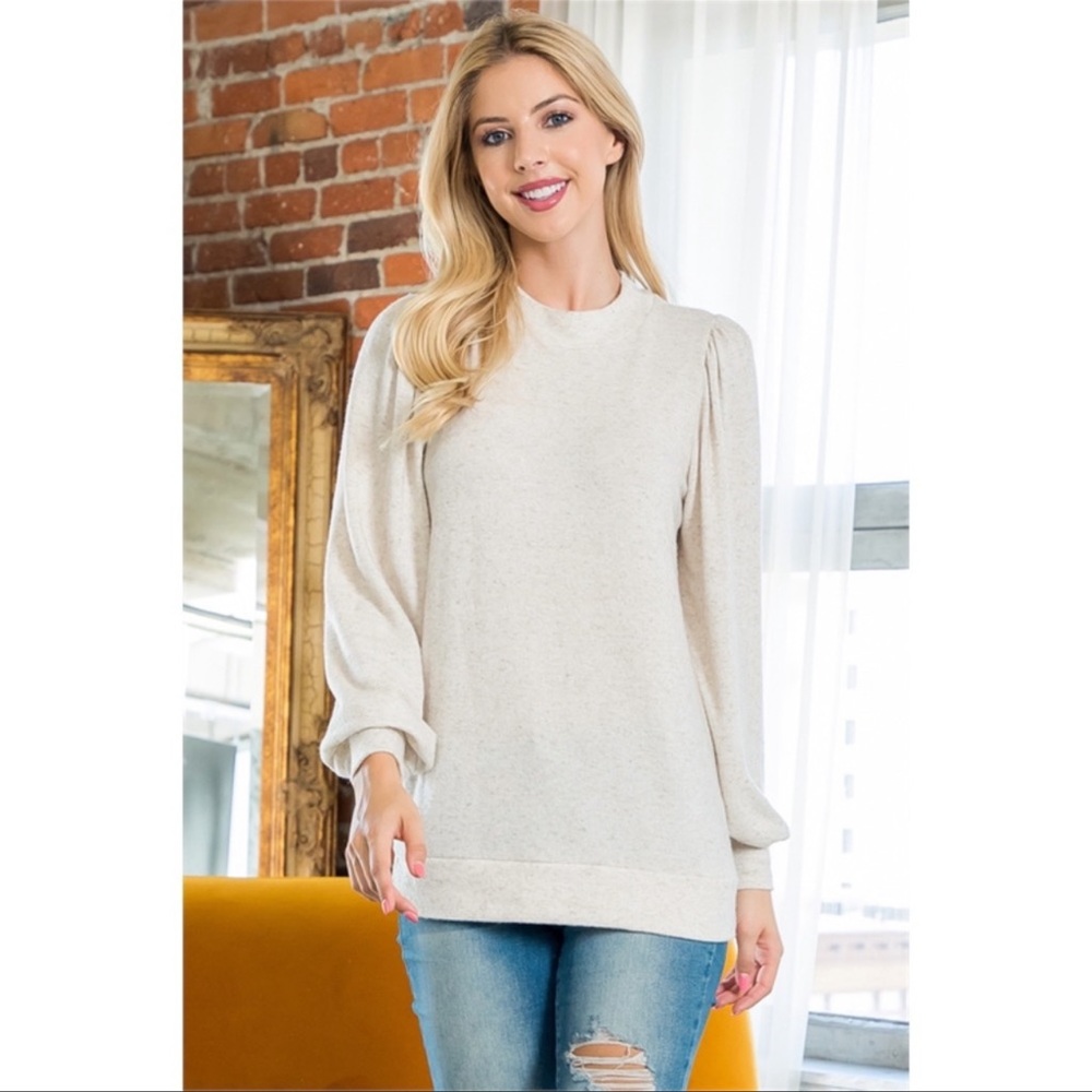 NEW- Crew Neck Puff Sleeve Top, Color: Oatmeal/Flax, Size: XL - Picture 4 of 16